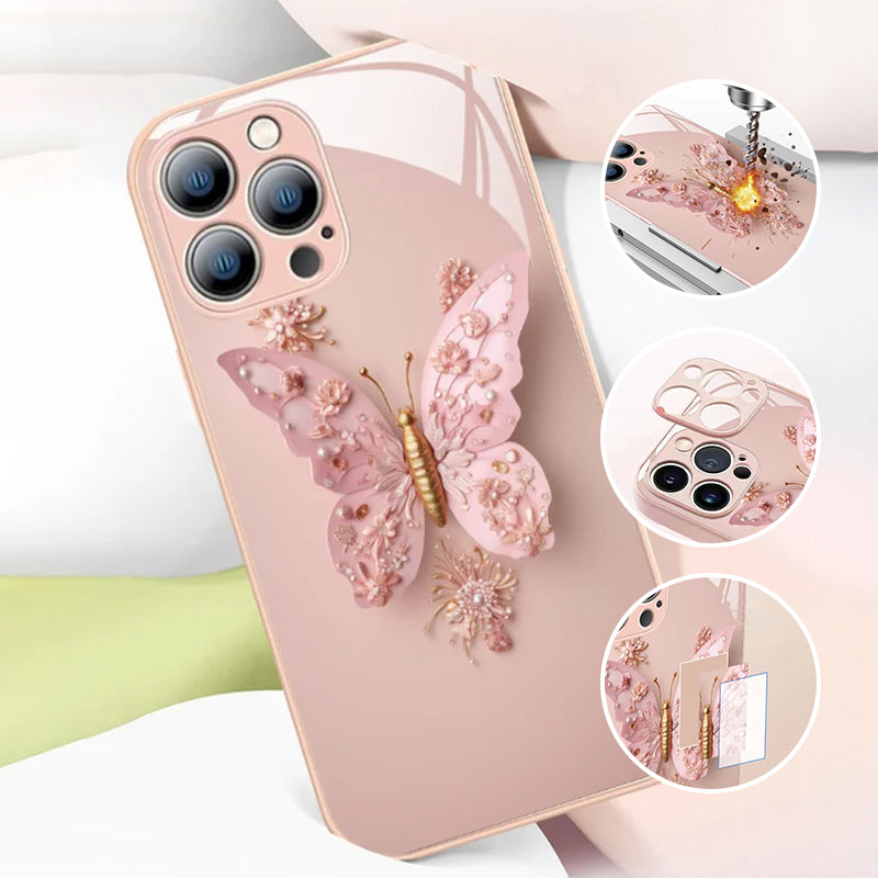 Coque en Verre Plat Motif Papillon 3D Compatible avec iPhone